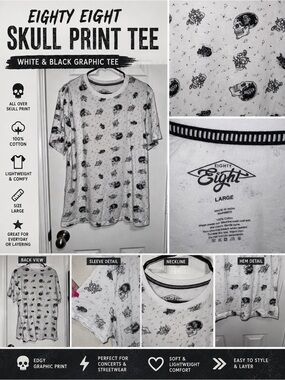 Eighty Eight Skull Print Tee White Black Graphic Goth Grunge Shirt Large